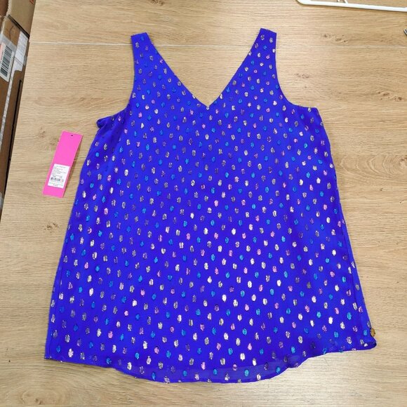 $118 NEW LILLY PULITZER Florin Sleeveless Silk Top Iris Blue Dotted Metallic XXS - Picture 5 of 6